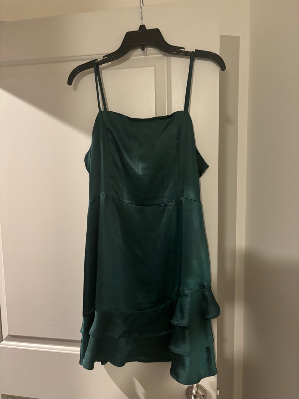 Lulu's Emerald Satin Slip Dress with Ruffle Tier